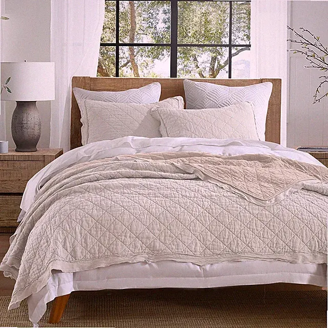 100% Linen Front/100% Cotton Back Quilt Set Queen Size, Beige Pre-Washed Europea
