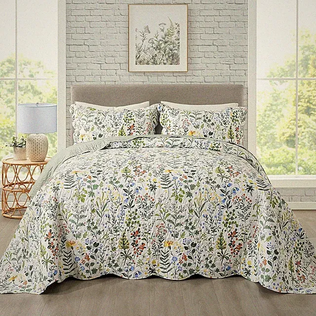 3-Piece Quilt Set Quilted Bedspread Lightweight Coverlet Set Garden Style Floral