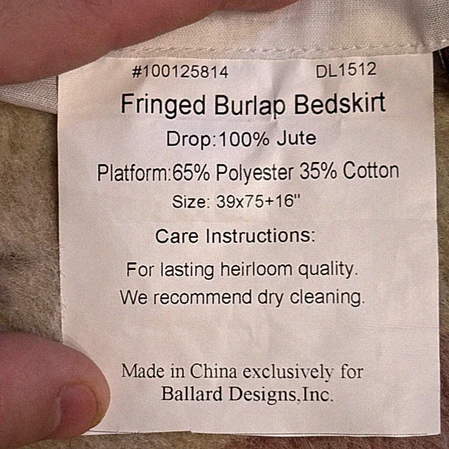 Ballard Designs Inc TWIN Fringed Burlap Bedskirt 100% JUTE