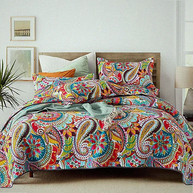 California King Quilt, Cotton Boho Paisley Quilt, 3 Piece Lightweight Oversized