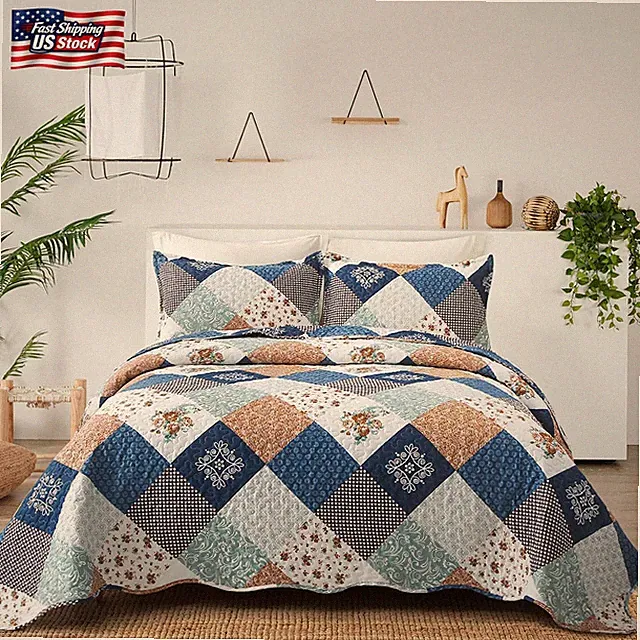 Dinjoy Reversible Patchwork Quilt Bedding Set King Size Blue Green Grey Plaid Fl
