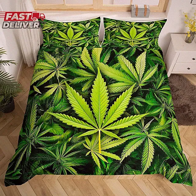 Feelyou Marijuana Leaf Bedding Set Cannabis Leaves Comforter Cover for Men Adult