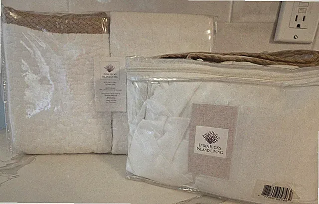 India Hicks Island Living 2 Euro Sham & King Bed Skirt White Brown Jute Trim NEW