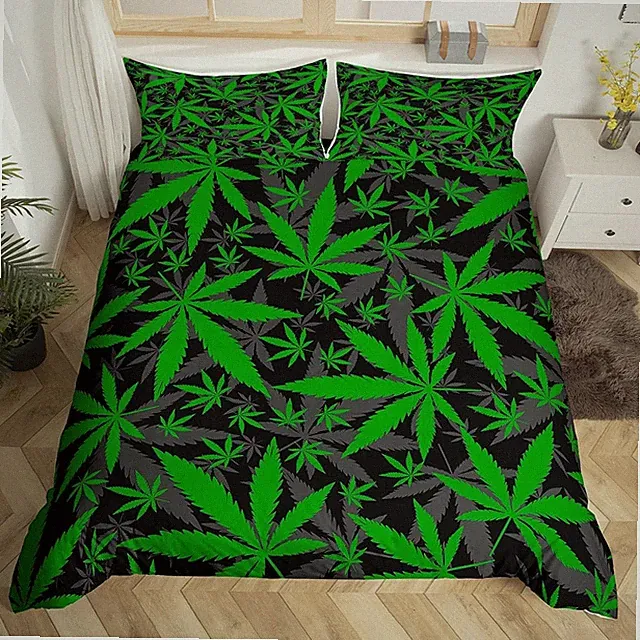 Marijuana Leaf Duvet Cover Teens Cannabis Print Comforter Queen, Multi 982