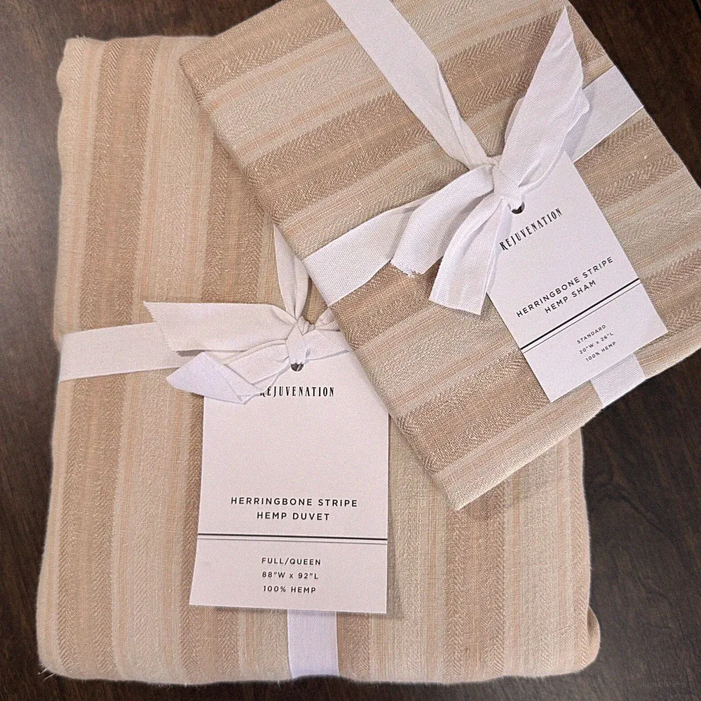 REJUVENATION HERRINGBONE STRIPE HEMP QUEEN DUVET COVER & 1 STND SHAM SET ~ BEIGE