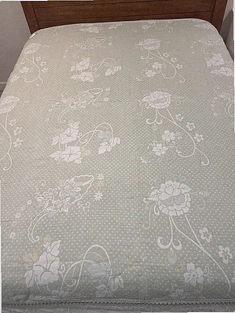 Vintage Chunyi Hemp Bedspread Full Set Green Floral Coverlet + 2 Shams Cot