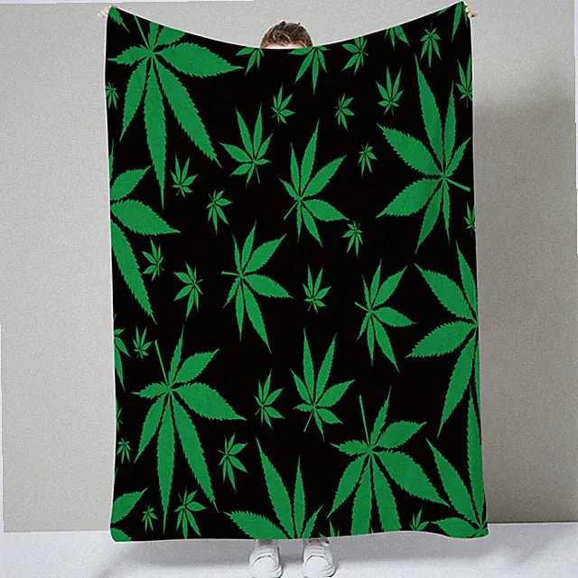 Weed Leaves Green Cannabis Leaf on Black Throw Blanket for Couch Bed Sofa Office