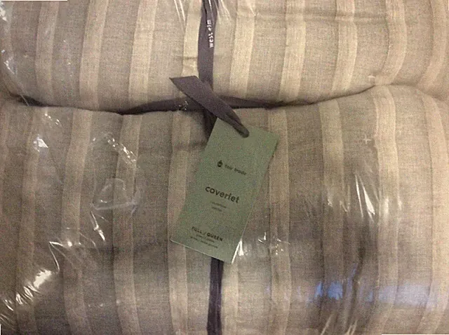 West Elm Full/Queen Hemp Cotton Hazy Stripe Coverlet NWT! Misty Gray F/Q
