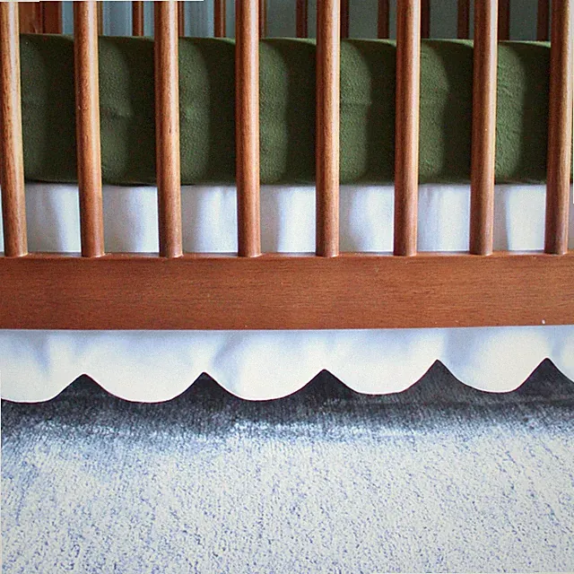 White Scalloped Crib Skirt Ruffle (Front/Sides) Adjustable Linen Cotton Blend...